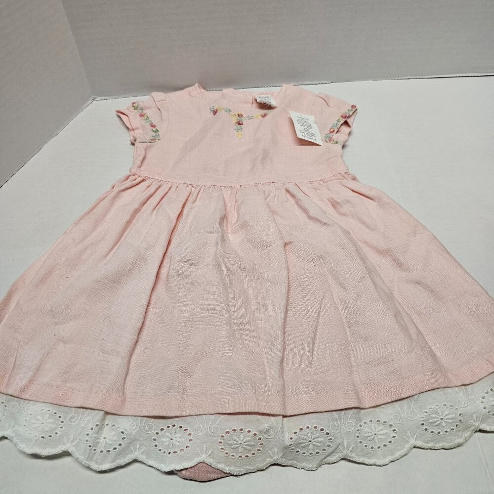 New Gap 2 Piece Set Baby Girl Infant Linen Pink Lace Embroidered Dress 12- 18 M